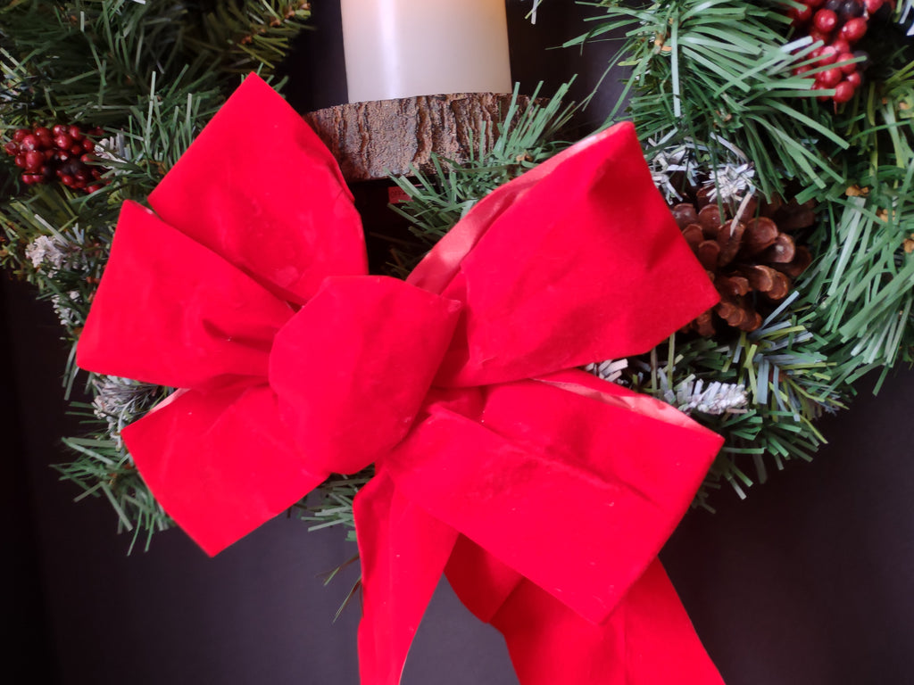 Vintage Paradise Christmas Wreath Red Bow Battery Flameless Candle 22" [8133n]