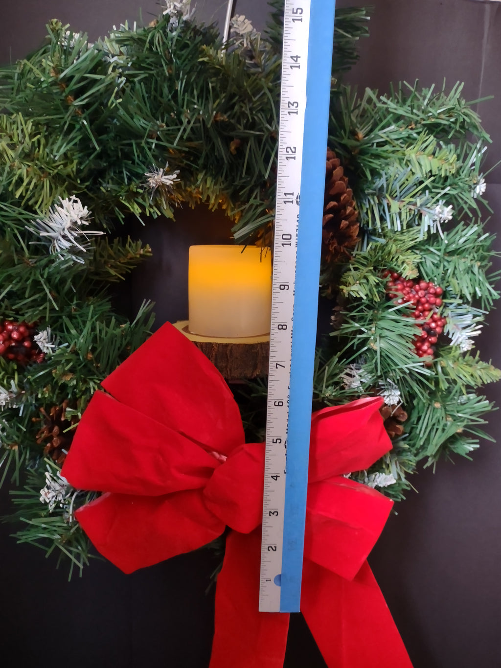 Vintage Paradise Christmas Wreath Red Bow Battery Flameless Candle 22" [8133n]