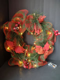 Vintage 22" LED Christmas Wreath Red Gold Mesh Ribbon Berries Green [8134n]