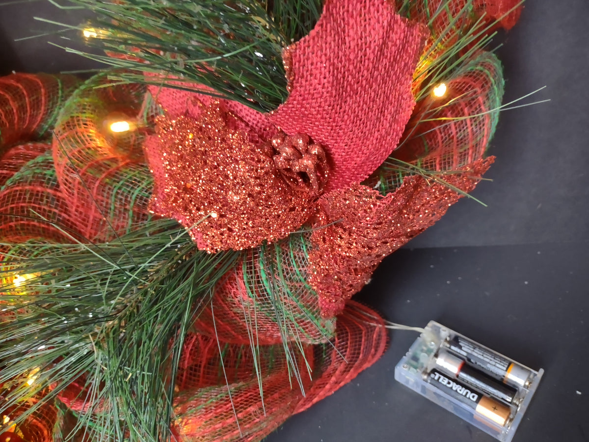 Vintage 22" LED Christmas Wreath Red Gold Mesh Ribbon Berries Green [8134n]