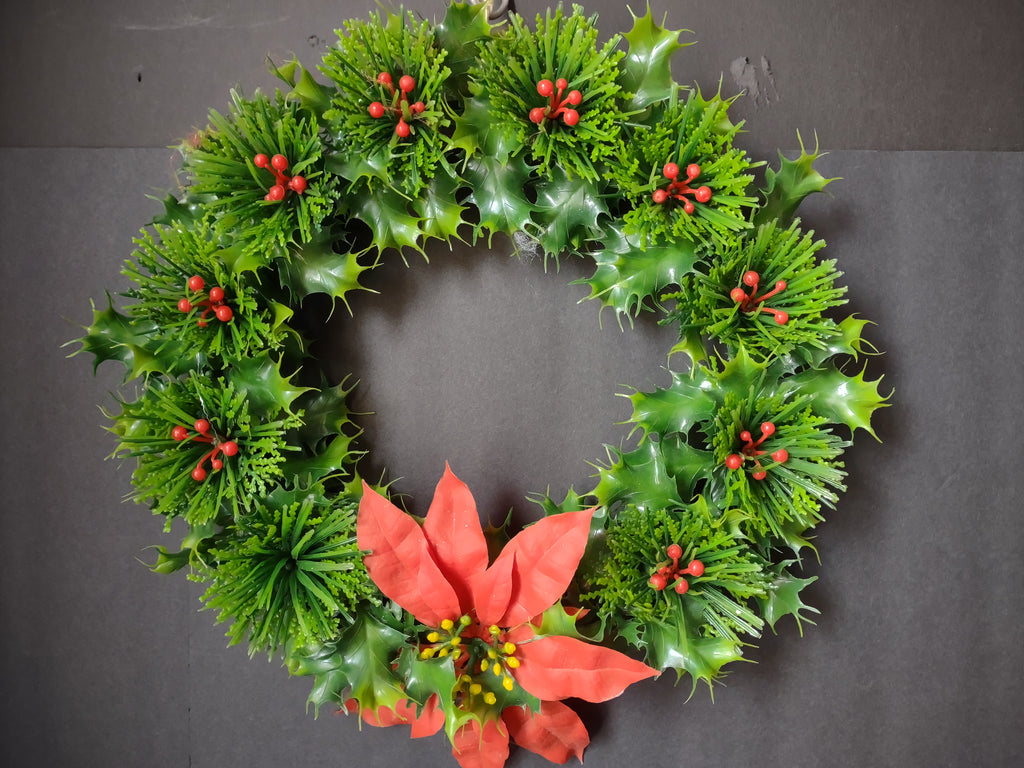 Vintage Brinns 12" Plastic Holly Christmas Wreath Red Berries Poinsettia [8137n]