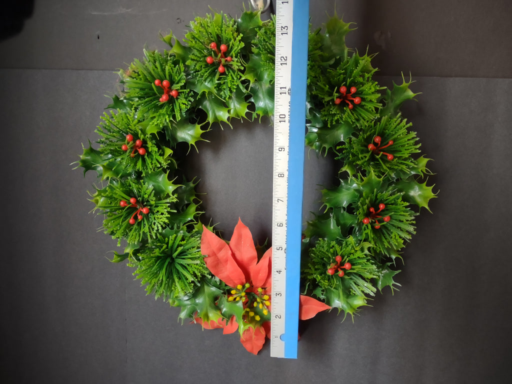 Vintage Brinns 12" Plastic Holly Christmas Wreath Red Berries Poinsettia [8137n]