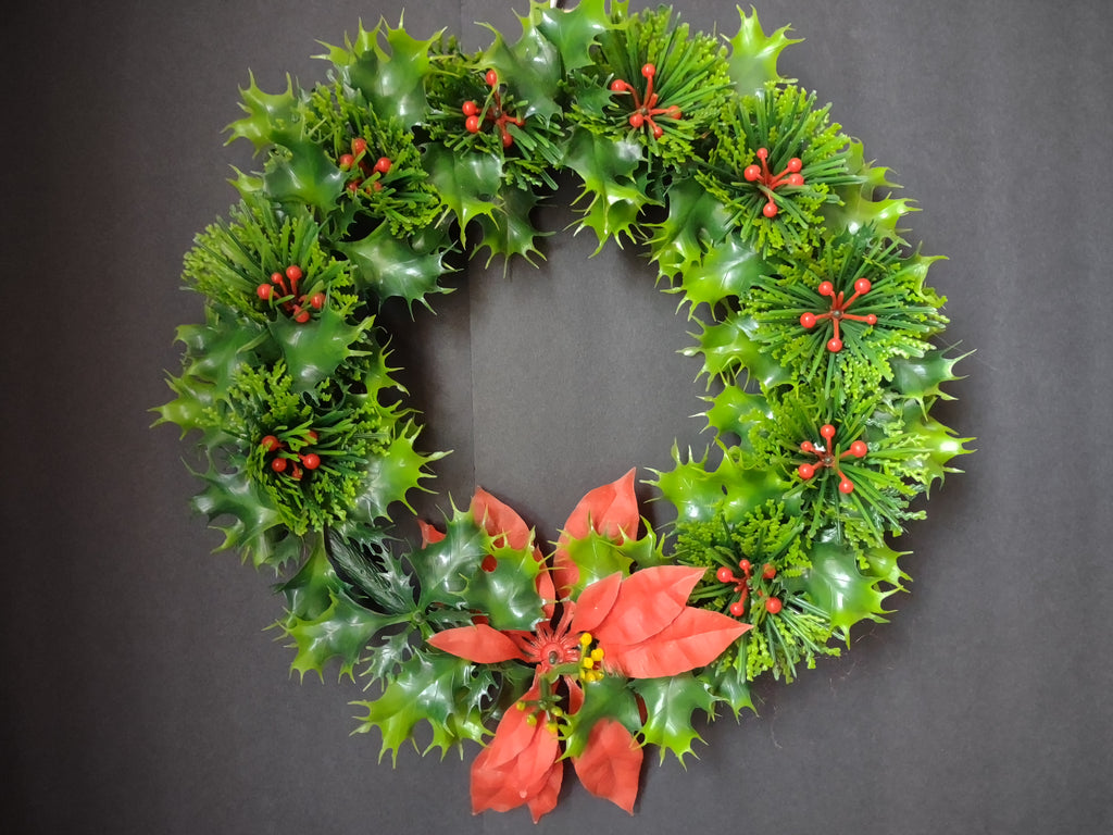 Vintage Brinns 12" Plastic Holly Christmas Wreath Red Poinsettia IMPERFECT [8138n]