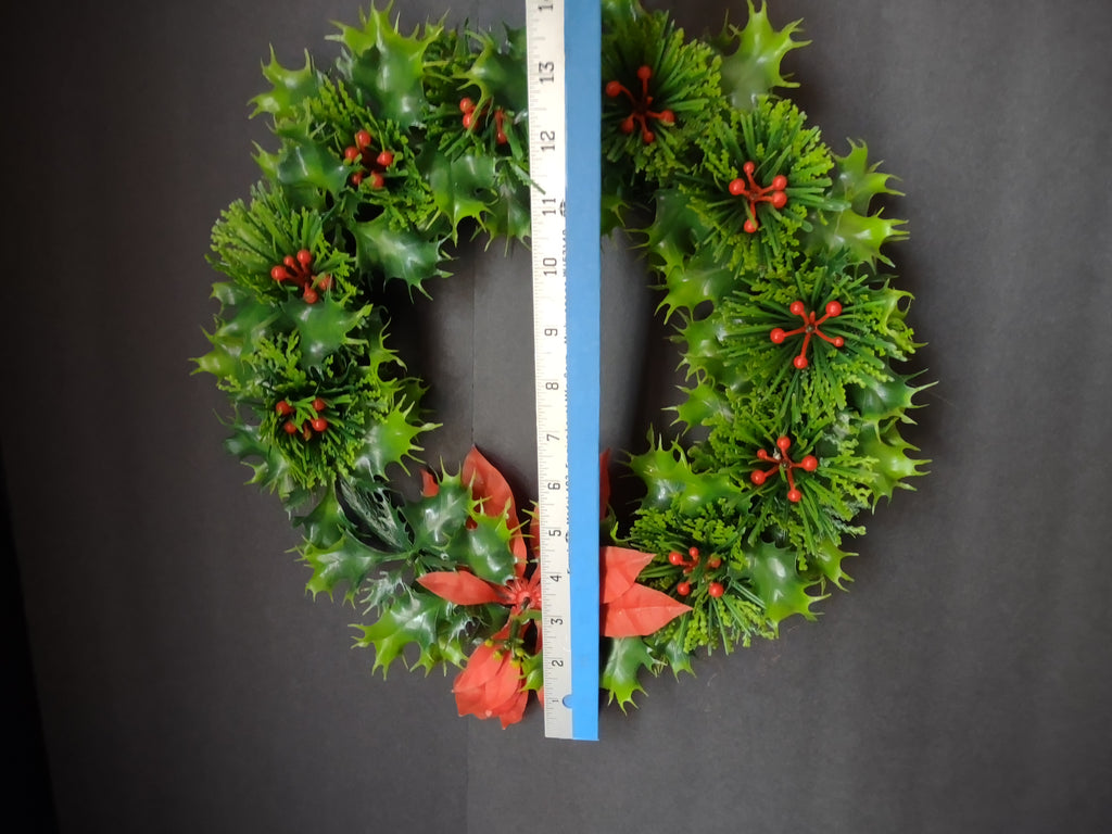 Vintage Brinns 12" Plastic Holly Christmas Wreath Red Poinsettia IMPERFECT [8138n]