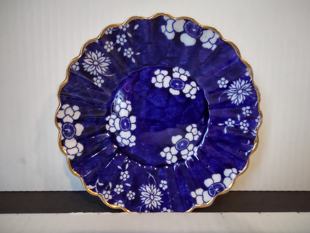 Vintage Small Berry Bowl Cobalt Blue White Floral Gold Scalloped Rim [7445E]