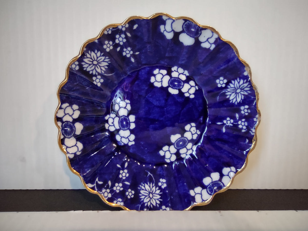 Vintage Small Berry Bowl Cobalt Blue White Floral Gold Scalloped Rim [7445E]