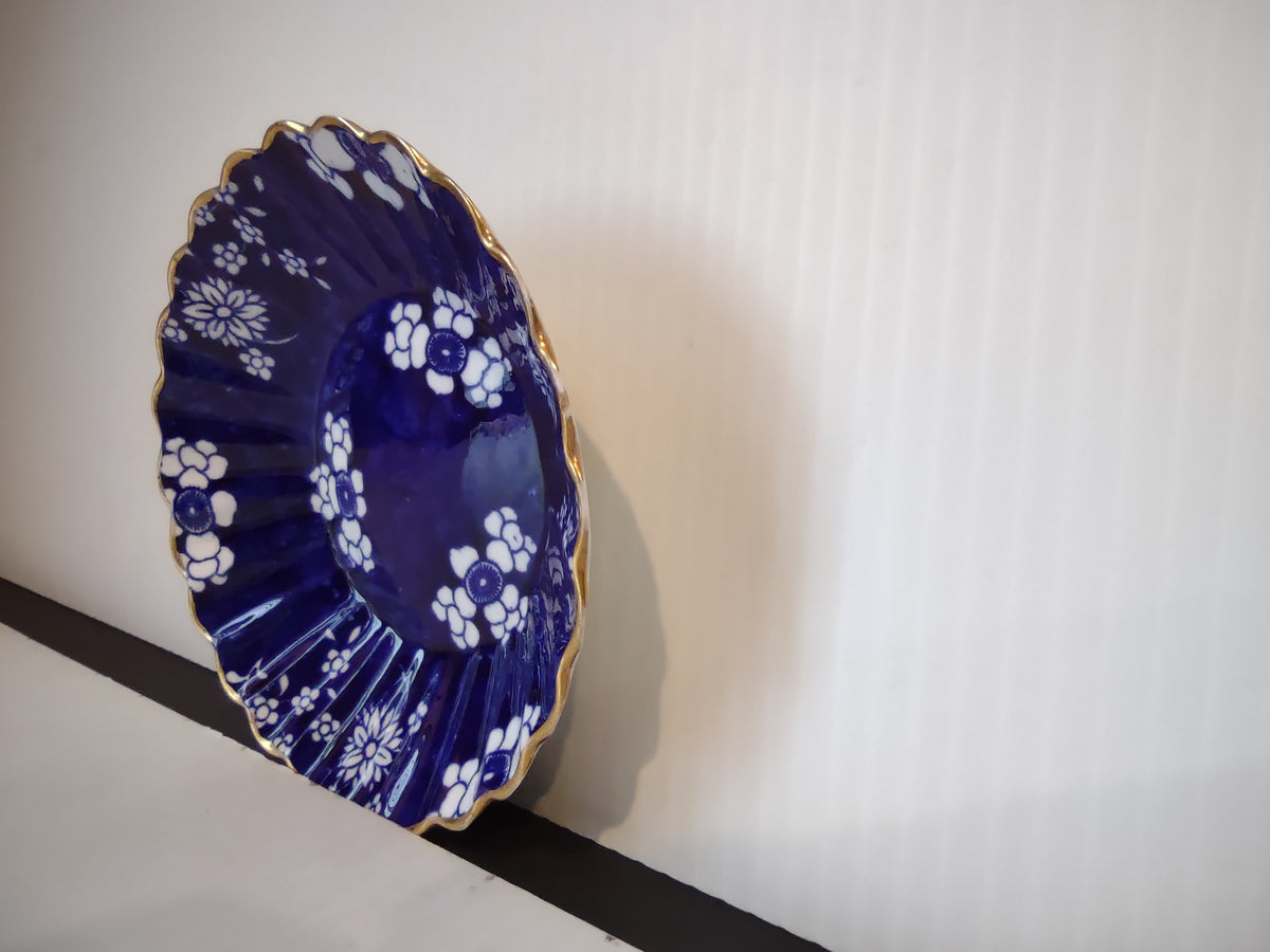 Vintage Small Berry Bowl Cobalt Blue White Floral Gold Scalloped Rim [7445E]