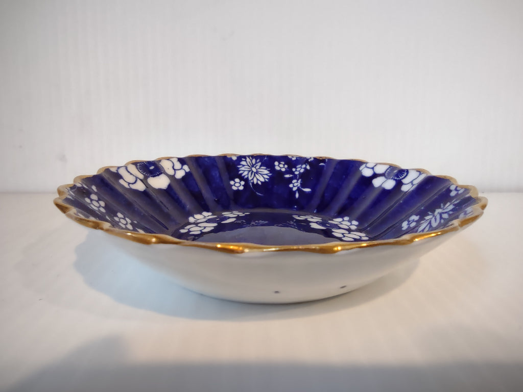 Vintage Small Berry Bowl Cobalt Blue White Floral Gold Scalloped Rim [7445E]