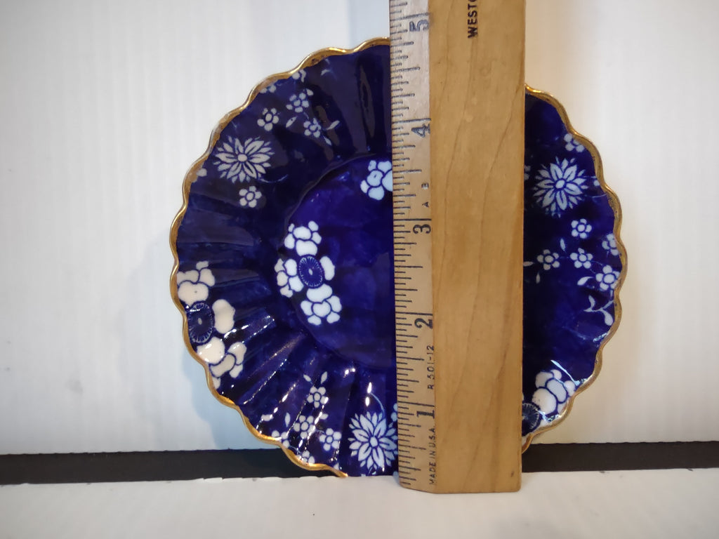 Vintage Small Berry Bowl Cobalt Blue White Floral Gold Scalloped Rim [7445E]