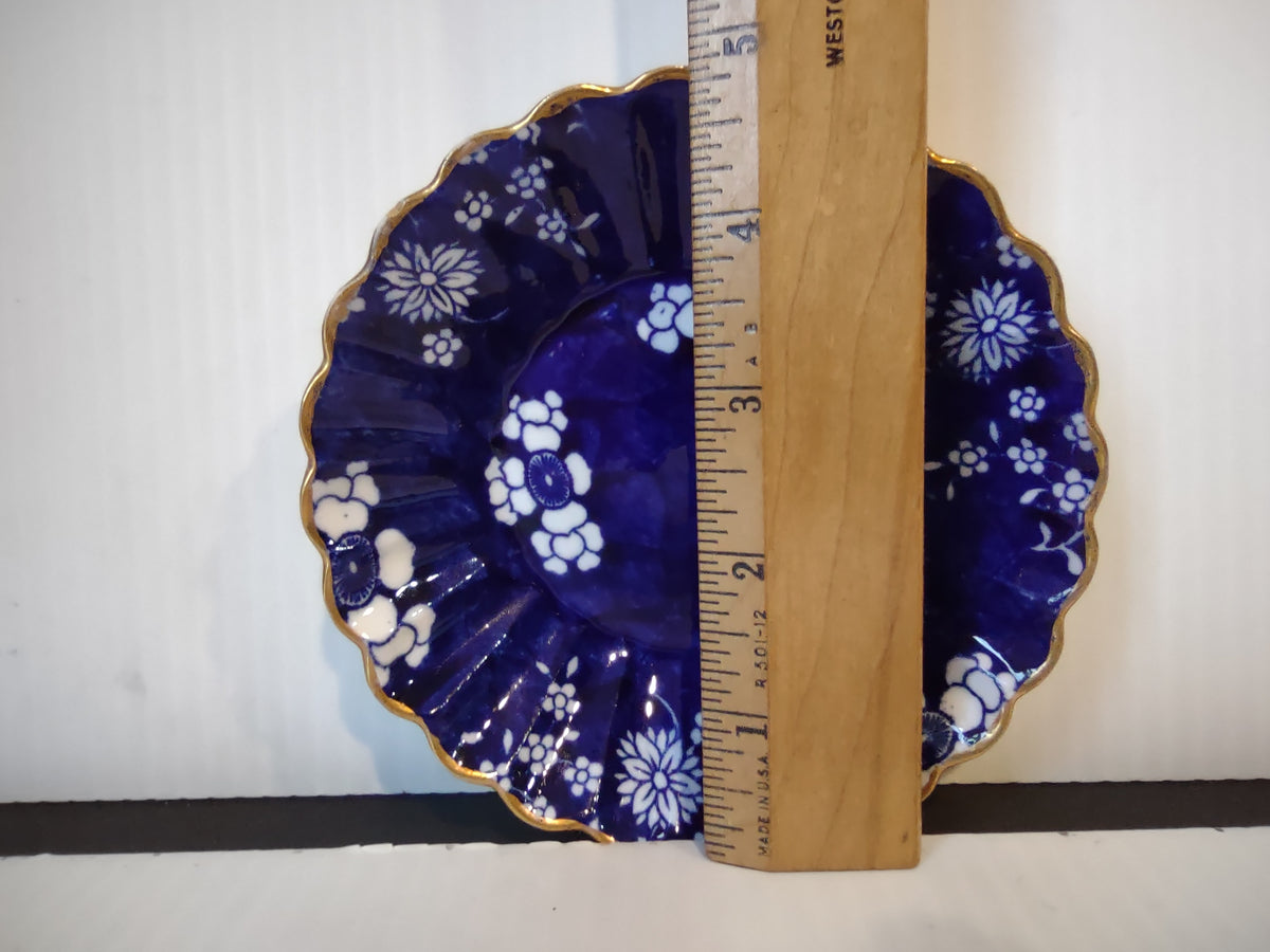 Vintage Small Berry Bowl Cobalt Blue White Floral Gold Scalloped Rim [7445E]