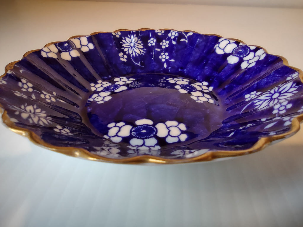 Vintage Small Berry Bowl Cobalt Blue White Floral Gold Scalloped Rim [7445E]