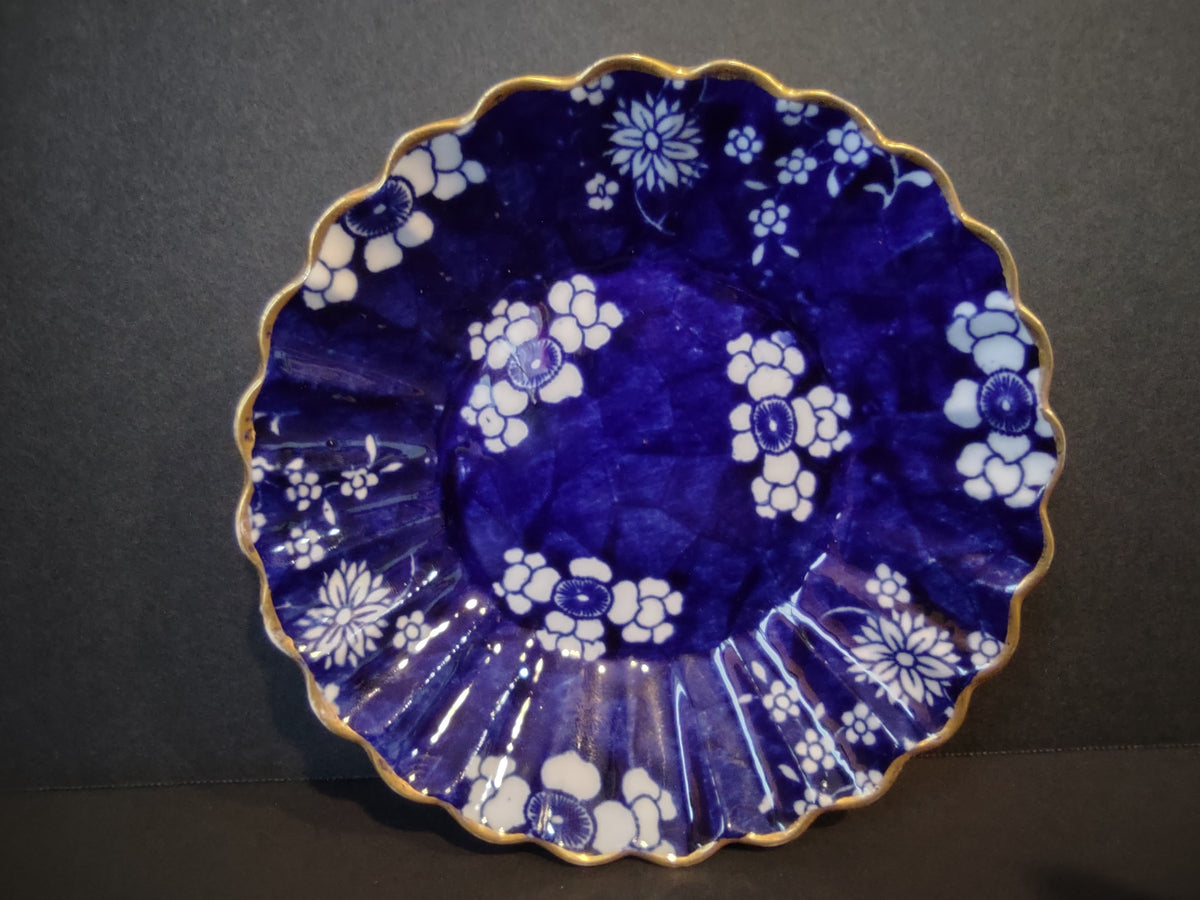 Vintage Small Berry Bowl Cobalt Blue White Floral Gold Scalloped Rim [7445E]