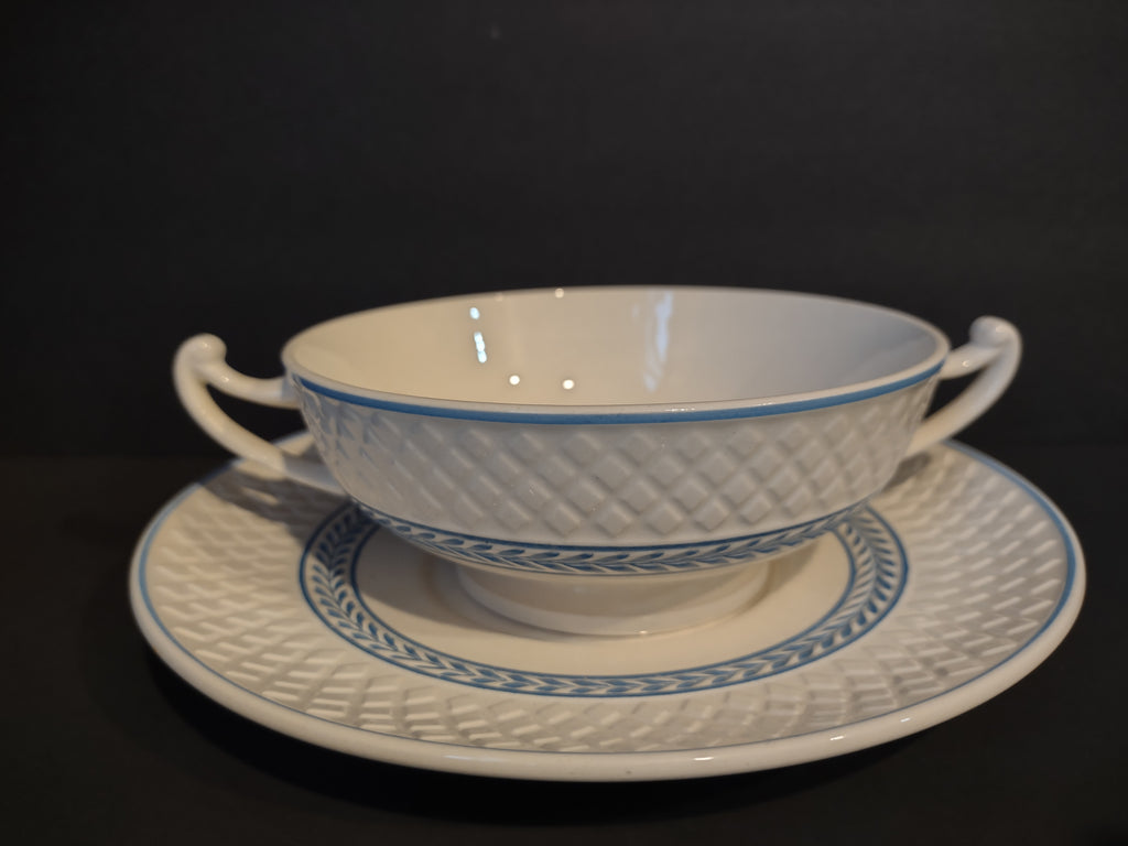 Vintage Copeland Spode Mansard Elaine Blue Cream Soup Bowl Cup Underplate [7450E]