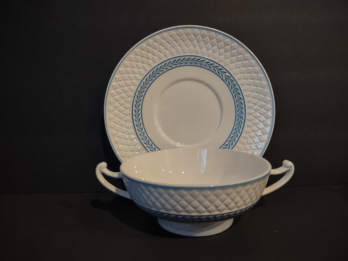 Vintage Copeland Spode Mansard Elaine Blue Cream Soup Bowl Cup Underplate [7450E]