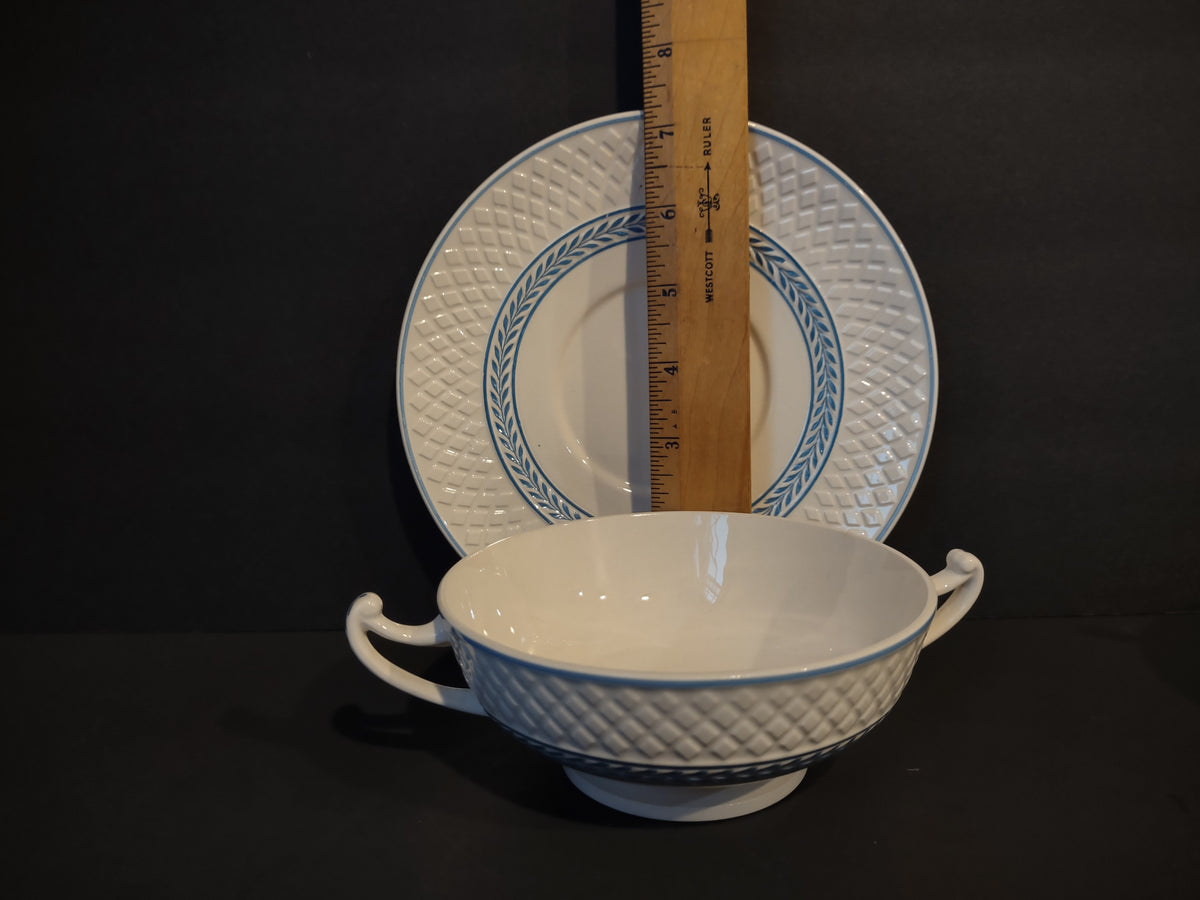 Vintage Copeland Spode Mansard Elaine Blue Cream Soup Bowl Cup Underplate [7450E]