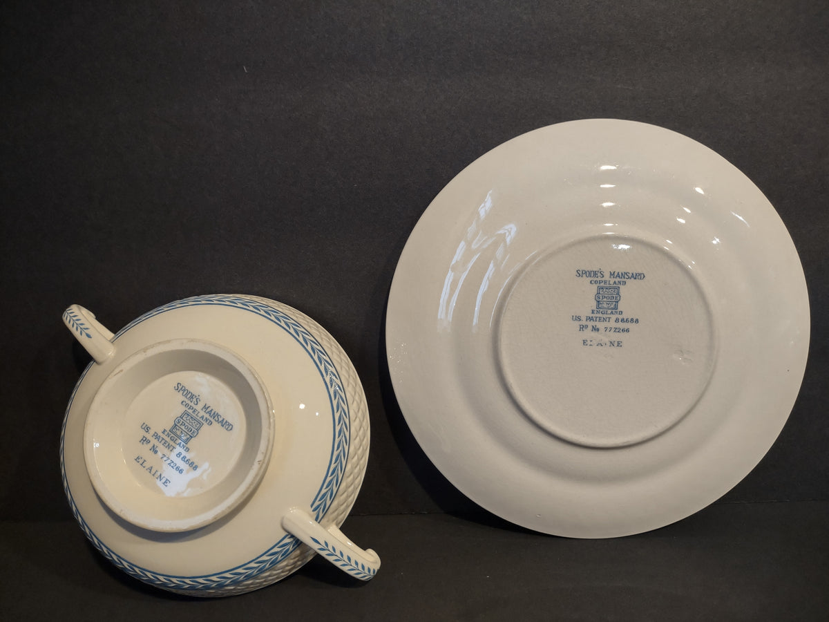 Vintage Copeland Spode Mansard Elaine Blue Cream Soup Bowl Cup Underplate [7450E]