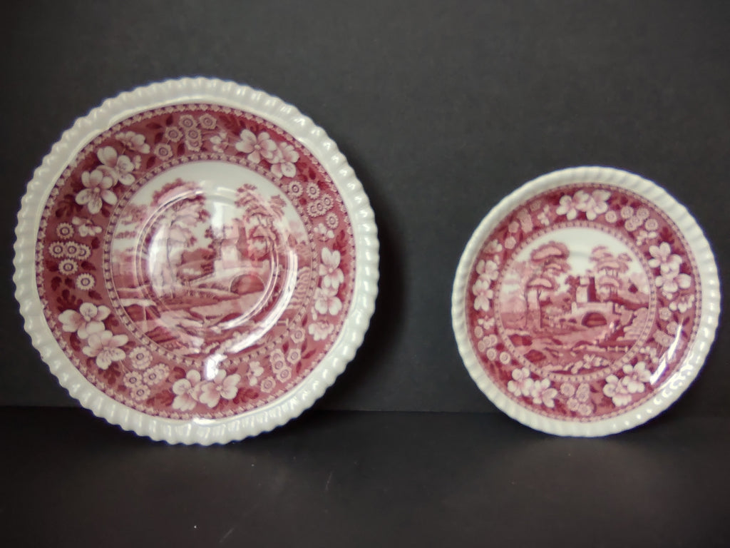 Vintage Copeland Spode Tower Pink Scenic Saucer Set 6" and 4.5" [7465E]