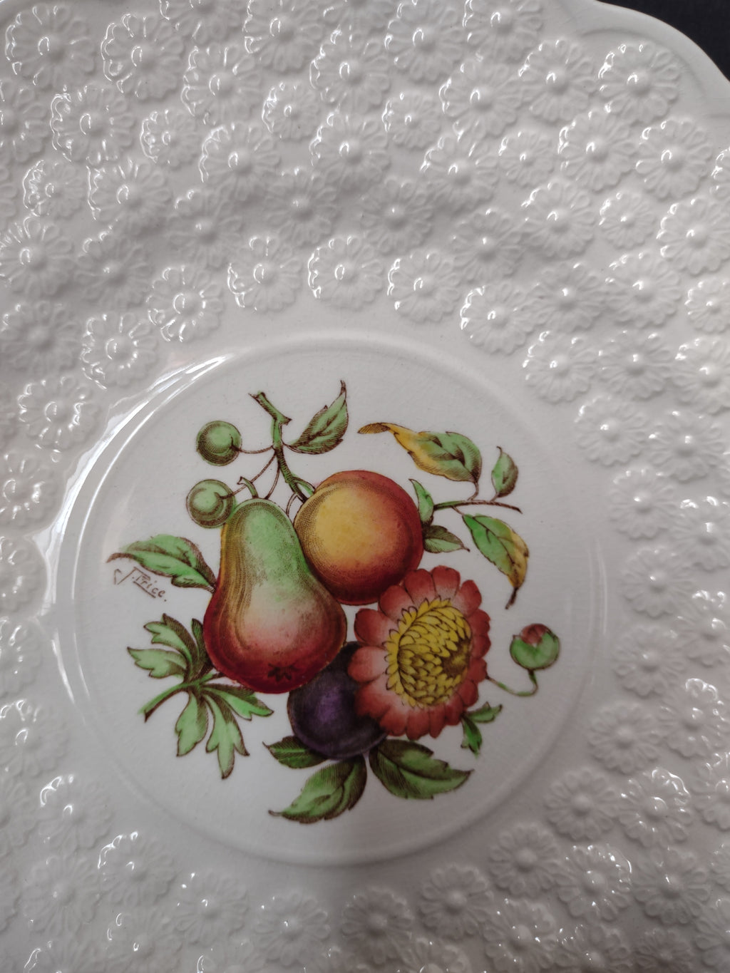 Vintage Copeland Spode Pear Fruit Floral Embossed White Plate England [7472E]