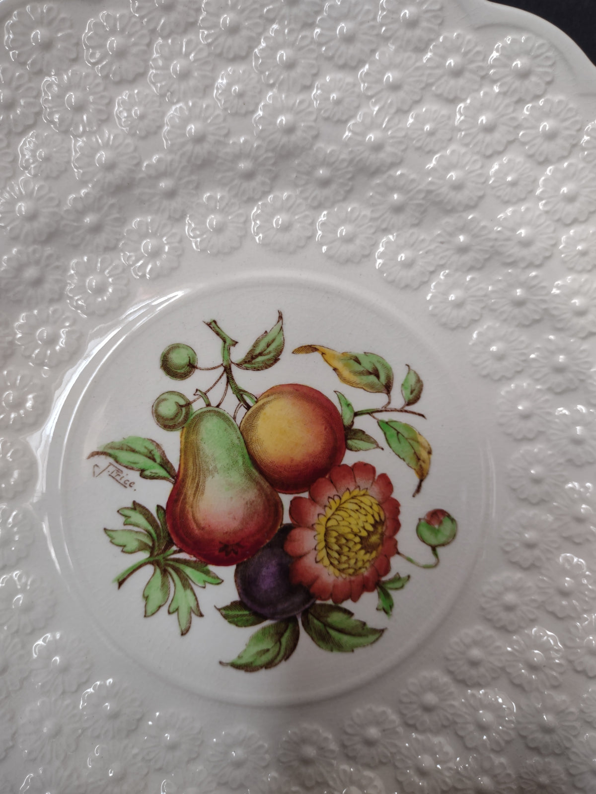 Vintage Copeland Spode Pear Fruit Floral Embossed White Plate England [7472E]