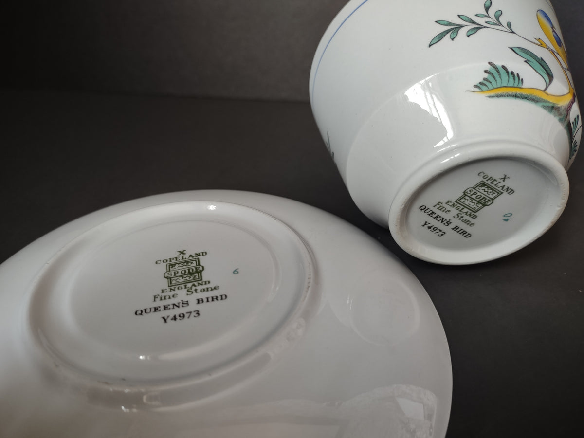 Vintage Copeland Spode Queens Bird Blue Yellow Cup Saucer Set [7478E]