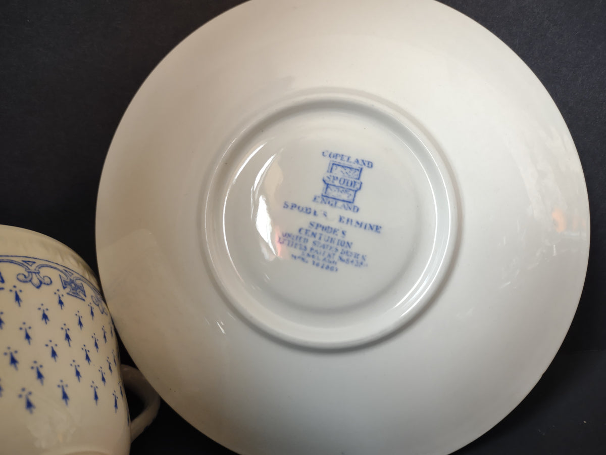 Vintage Copeland Spode Ermine Blue White Cup Saucer Set England [7479E]