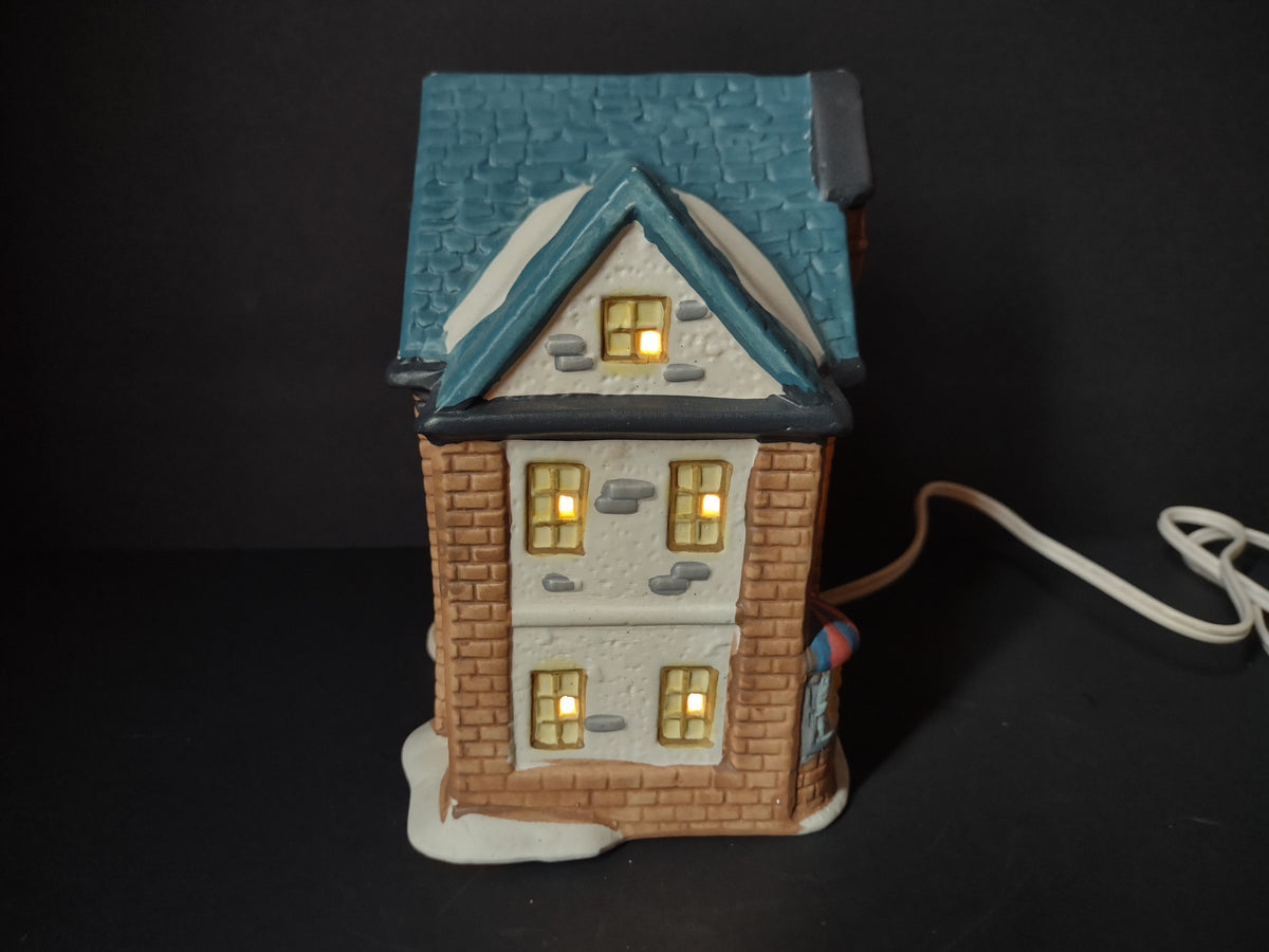 Vintage Lighted Snowy Christmas Village Storefront Toy StoreStriped Awnings [8143n]