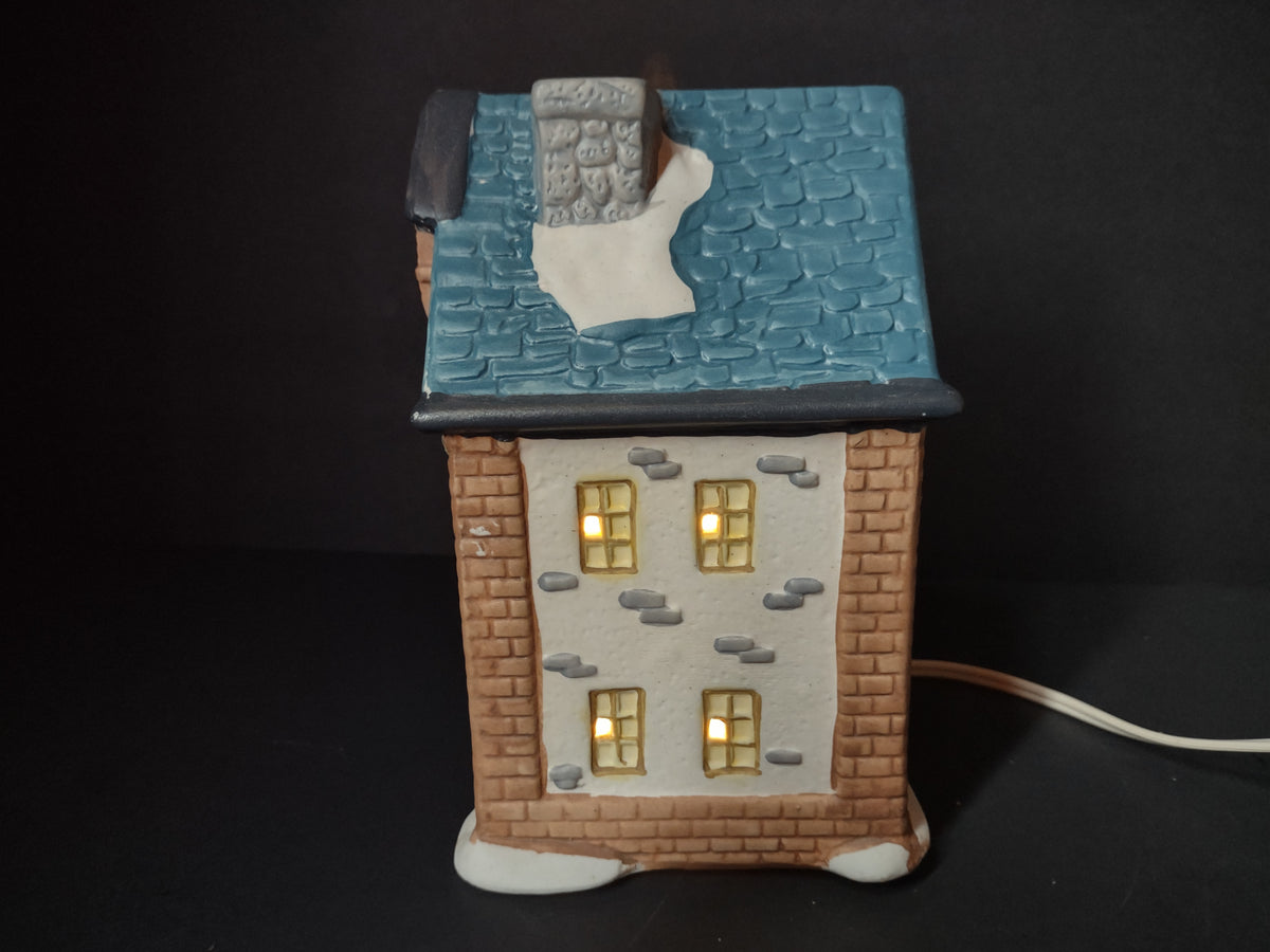 Vintage Lighted Snowy Christmas Village Storefront Toy StoreStriped Awnings [8143n]