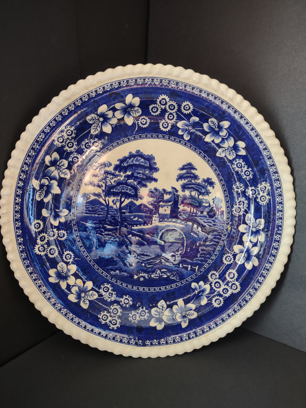 Vintage Blue & White Floral Transferware Landscape Chop Serving Plate 13" [7483E]