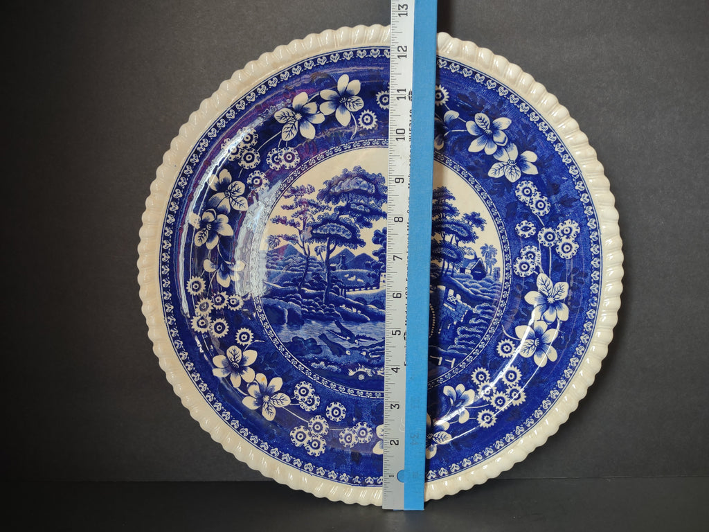 Vintage Blue & White Floral Transferware Landscape Chop Serving Plate 13" [7483E]
