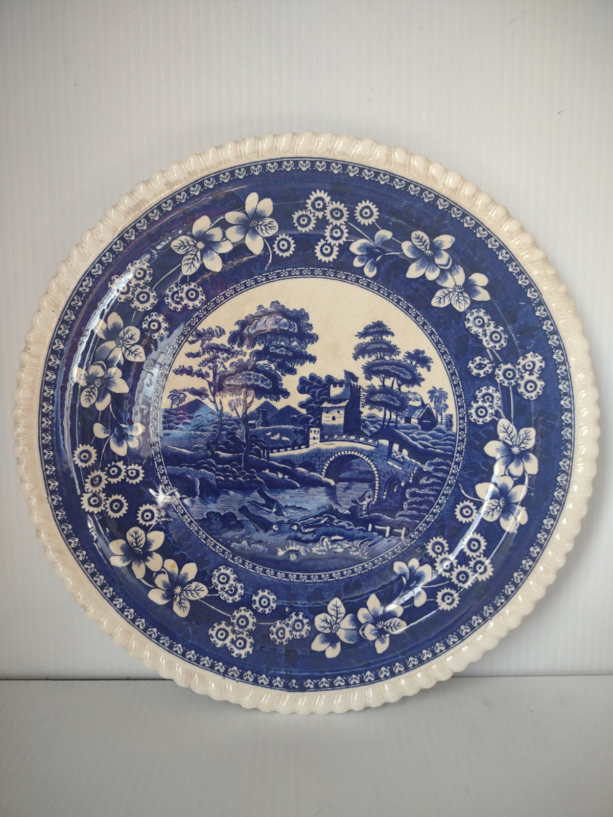 Vintage Blue & White Floral Transferware Landscape Chop Serving Plate 13" [7483E]
