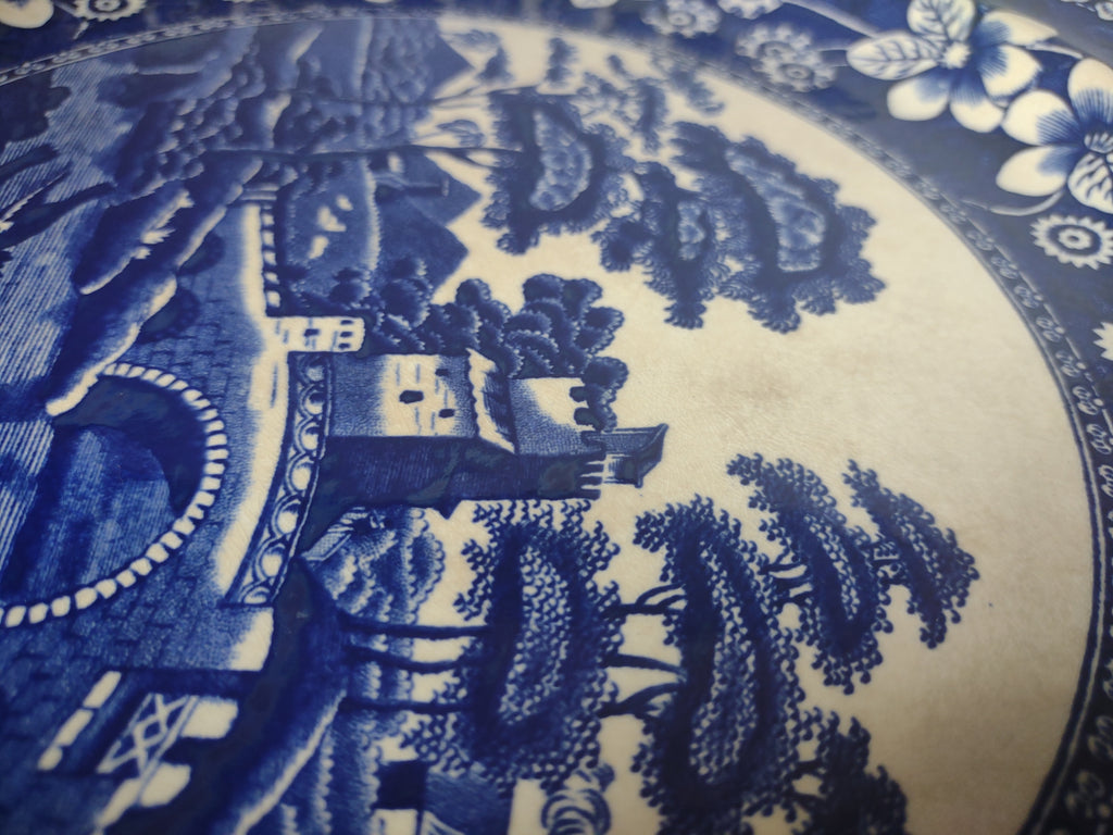 Vintage Blue & White Floral Transferware Landscape Chop Serving Plate 13" [7483E]