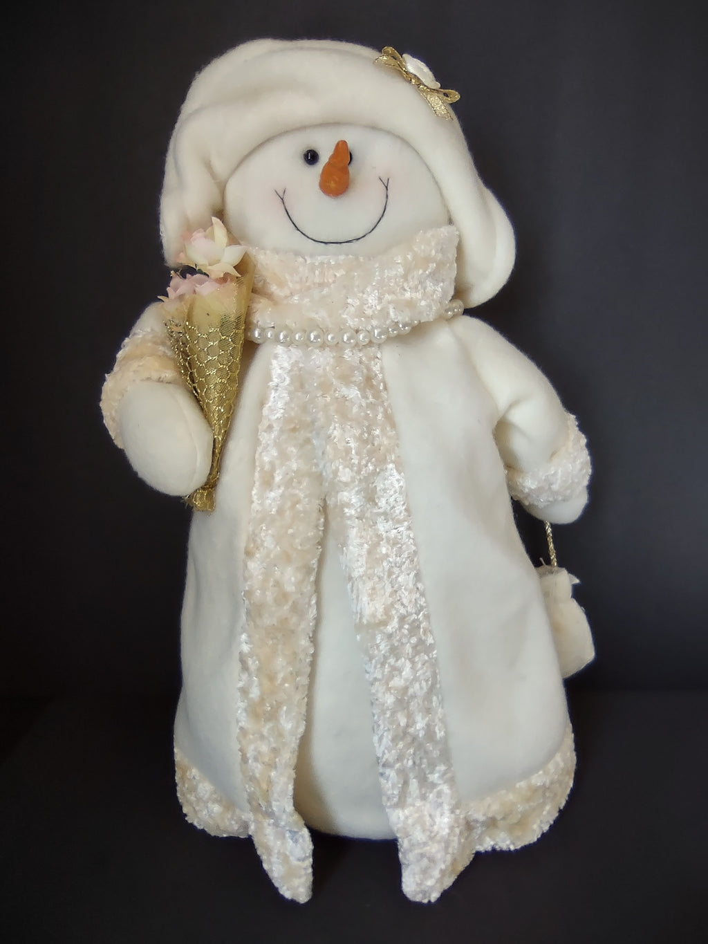 Vintage Snowman White Cream Gold Christmas Figure Textured Coat Handbag [4894]