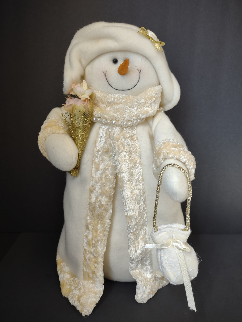 Vintage Snowman White Cream Gold Christmas Figure Textured Coat Handbag [4894]