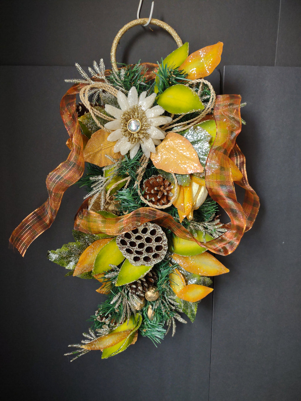 Vintage 20 Inch Gold Orange Green Floral Swag Ribbon Wall Hanging [4895]