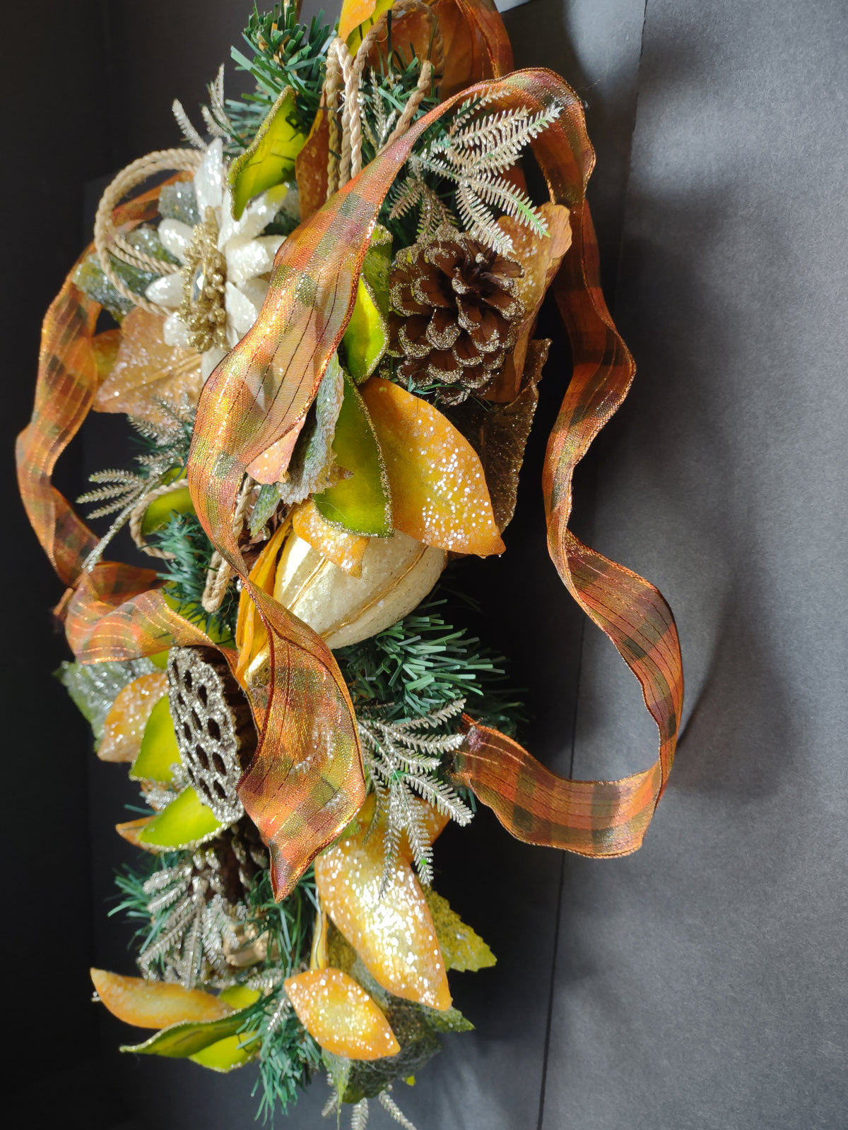 Vintage 20 Inch Gold Orange Green Floral Swag Ribbon Wall Hanging [4895]