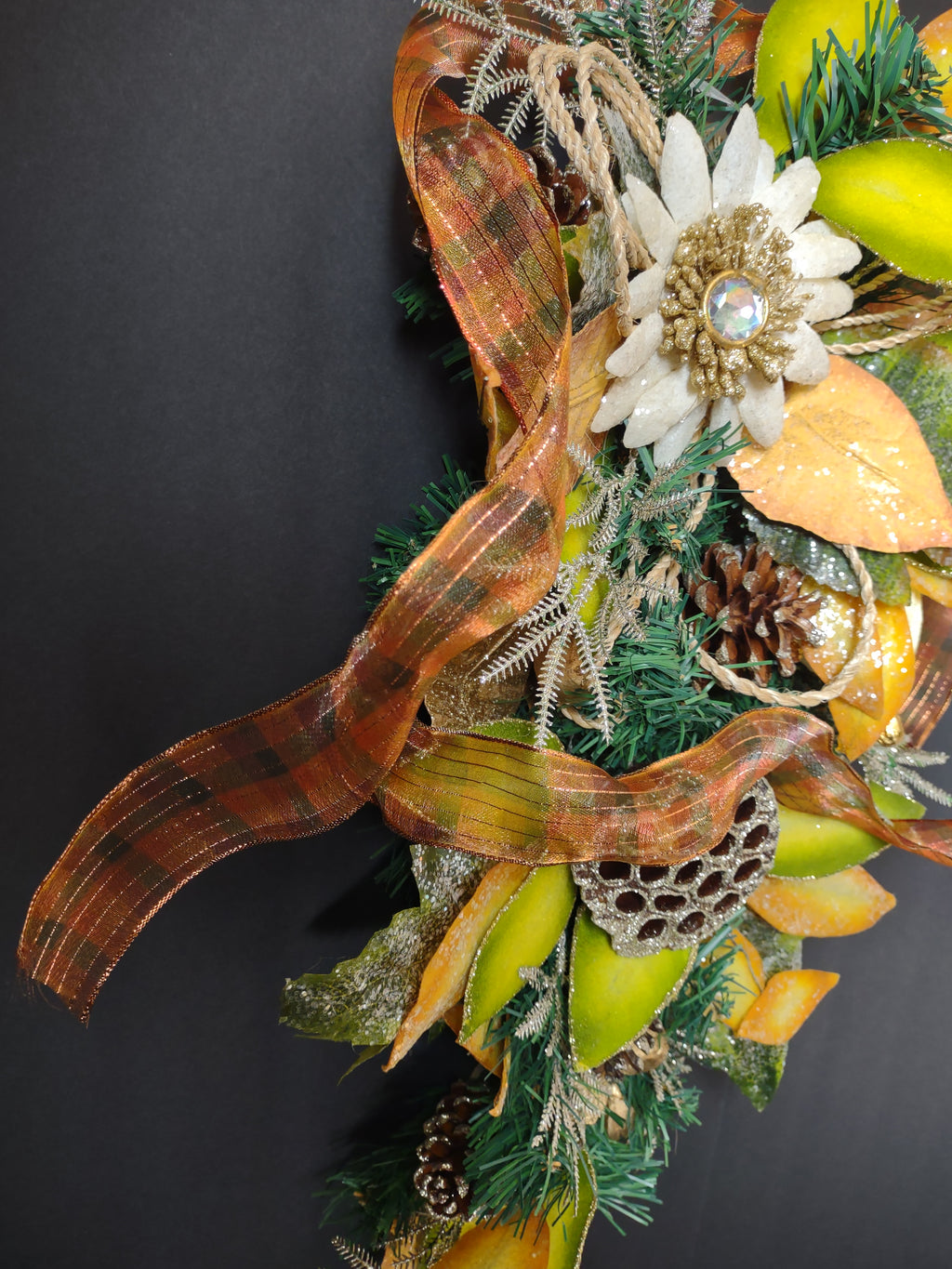 Vintage 20 Inch Gold Orange Green Floral Swag Ribbon Wall Hanging [4895]