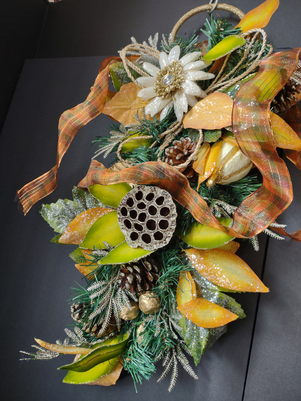 Vintage 20 Inch Gold Orange Green Floral Swag Ribbon Wall Hanging [4895]