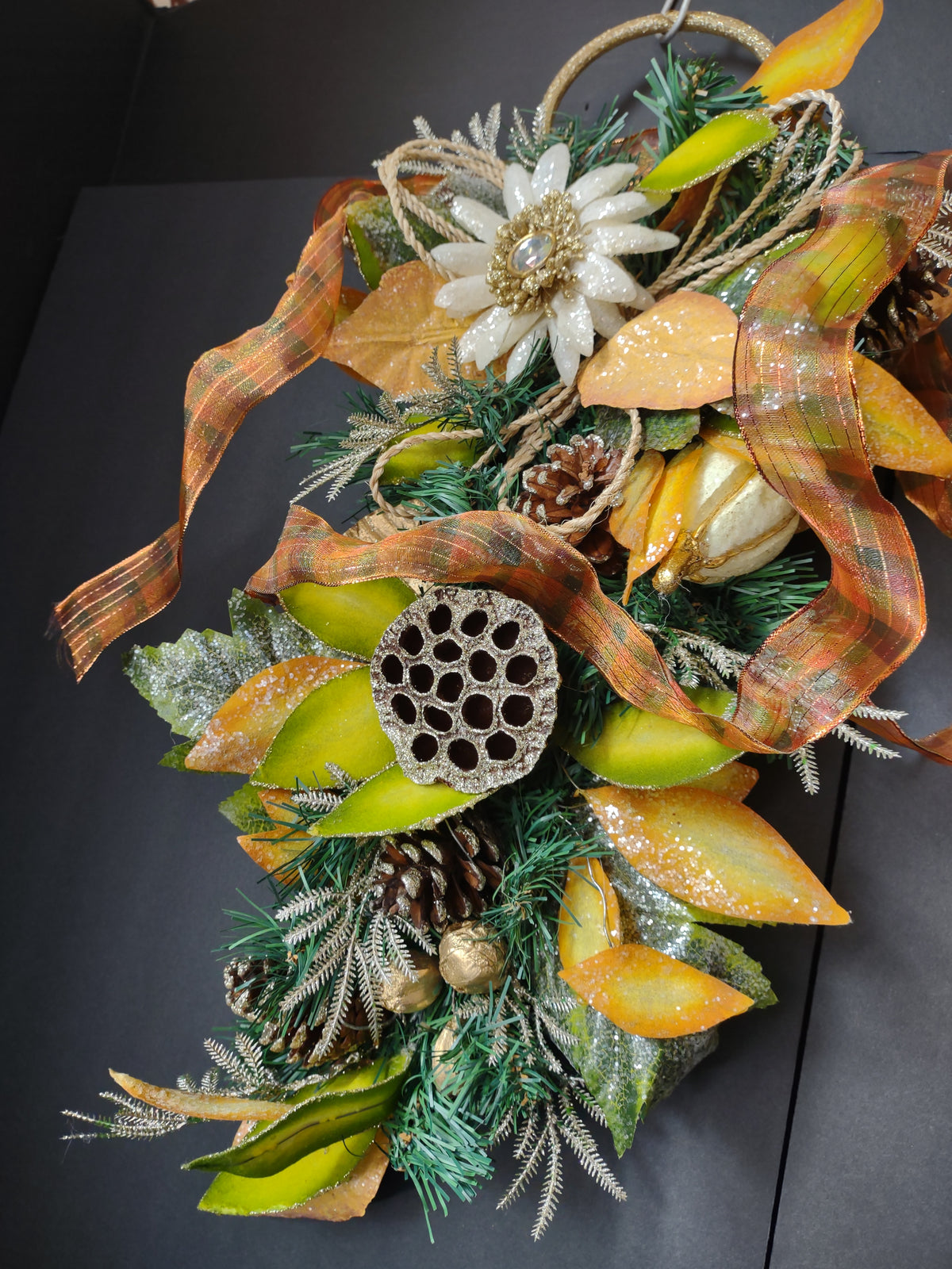 Vintage 20 Inch Gold Orange Green Floral Swag Ribbon Wall Hanging [4895]