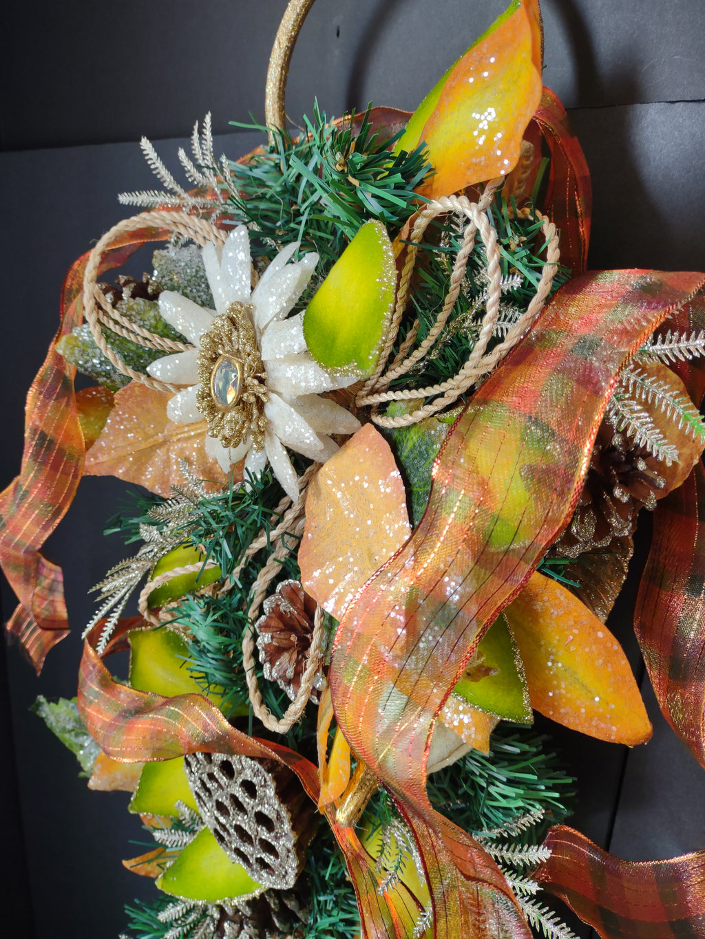 Vintage 20 Inch Gold Orange Green Floral Swag Ribbon Wall Hanging [4895]