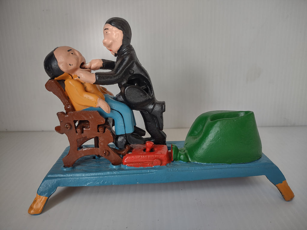 Vintage Dentist Mechanical Coin Iron Bank Metal Taiwan Collectible [4896]
