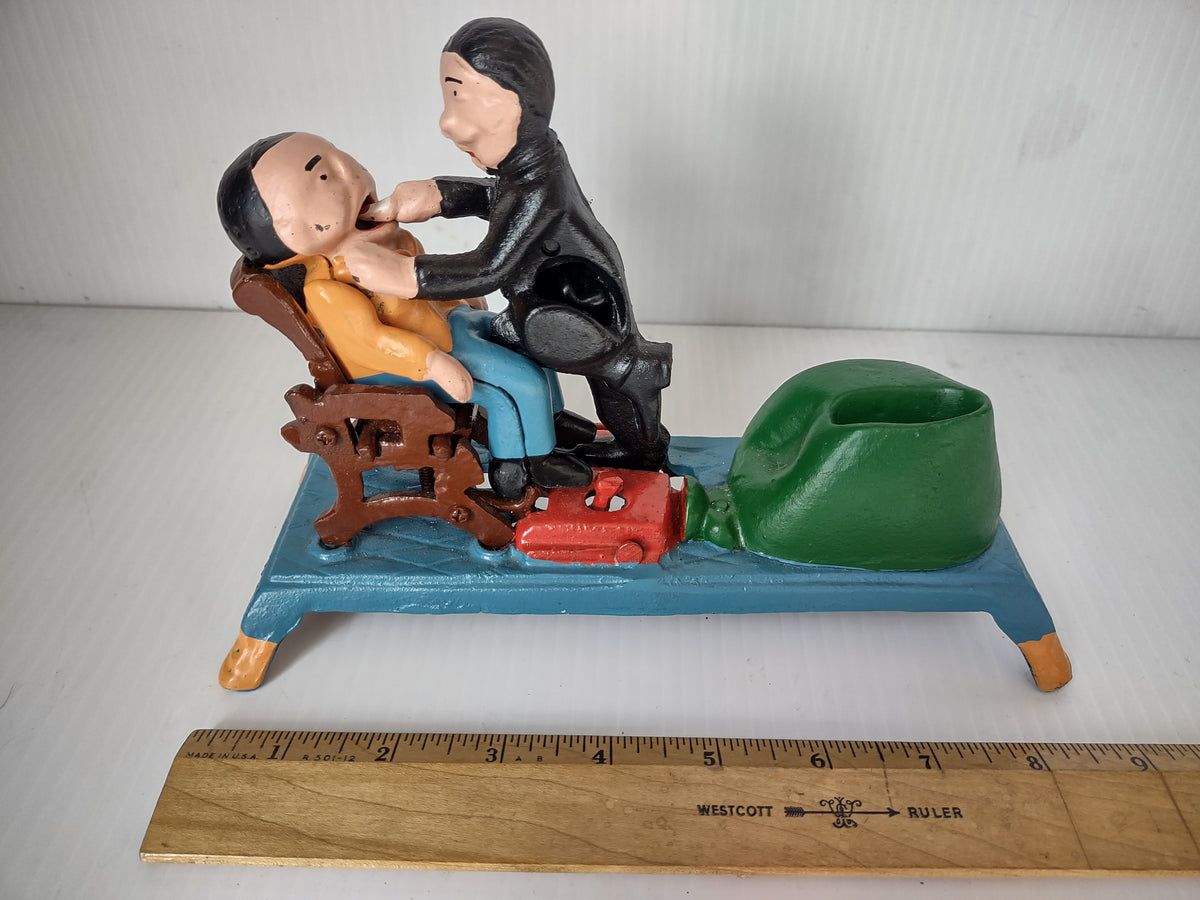 Vintage Dentist Mechanical Coin Iron Bank Metal Taiwan Collectible [4896]