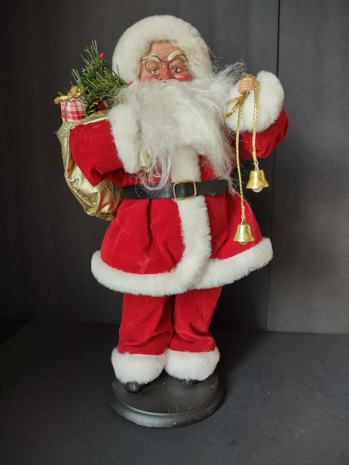 Vintage 16 Inch Santa Claus Red White Christmas Figure Gold Bells Gift Sack [4897]