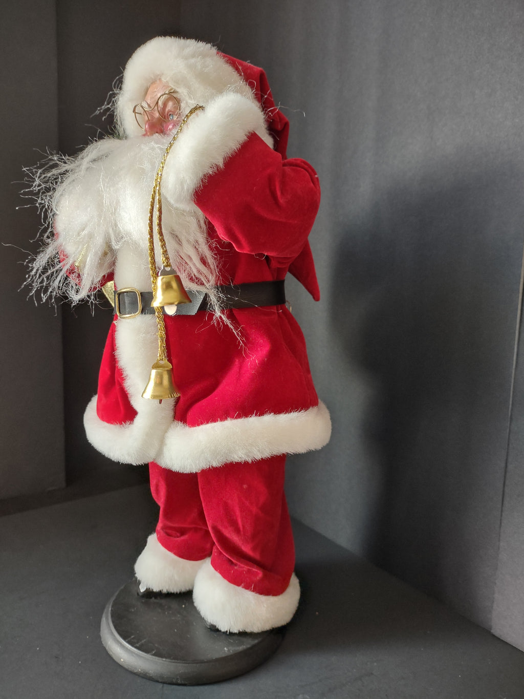 Vintage 16 Inch Santa Claus Red White Christmas Figure Gold Bells Gift Sack [4897]