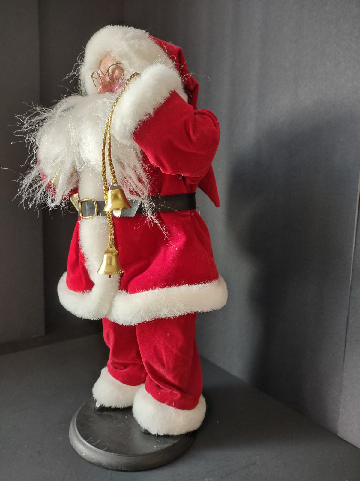 Vintage 16 Inch Santa Claus Red White Christmas Figure Gold Bells Gift Sack [4897]