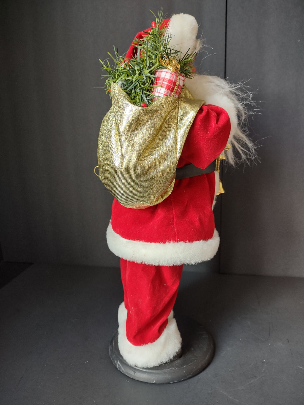 Vintage 16 Inch Santa Claus Red White Christmas Figure Gold Bells Gift Sack [4897]