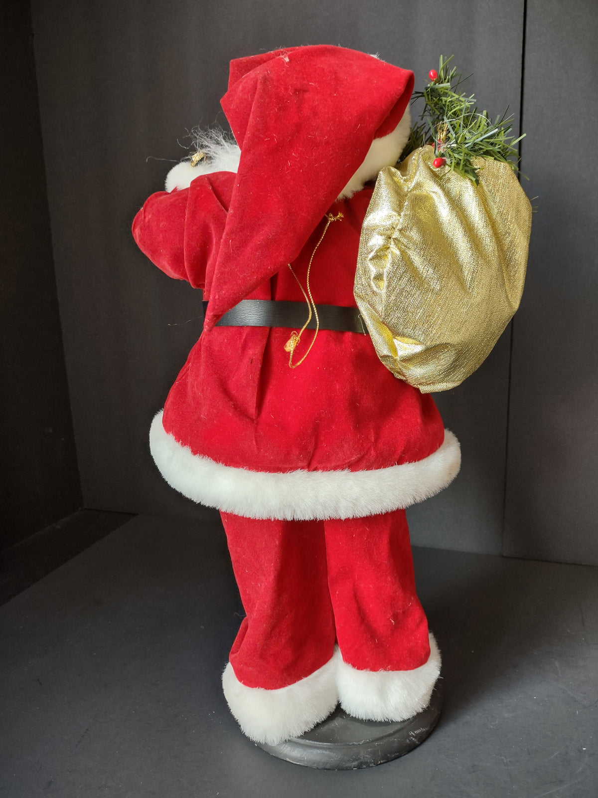 Vintage 16 Inch Santa Claus Red White Christmas Figure Gold Bells Gift Sack [4897]