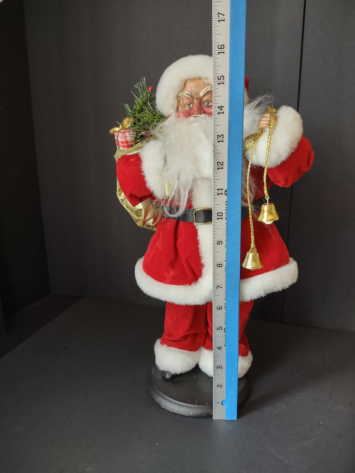 Vintage 16 Inch Santa Claus Red White Christmas Figure Gold Bells Gift Sack [4897]