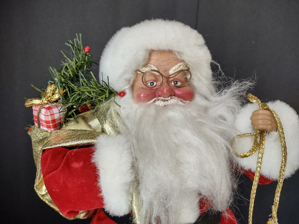 Vintage 16 Inch Santa Claus Red White Christmas Figure Gold Bells Gift Sack [4897]