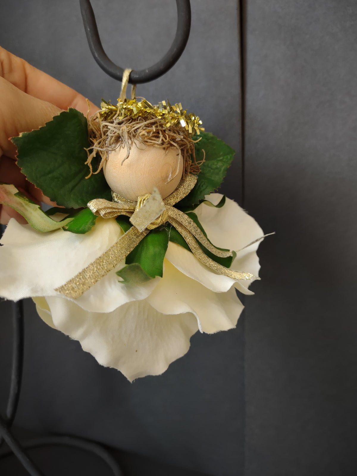 Vintage Pair White Flower Rose Angel Fairy Hanging Ornament [4898]