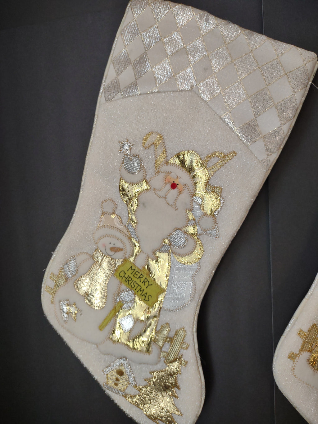 Vintage Pair Off White Gold Silver Santa Christmas Stockings Teddy Bear [4904]